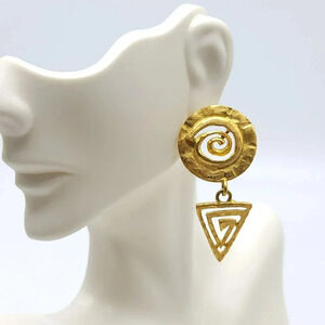 Val Gold Tone Chunky Aztec Style Post Dangle Earrings